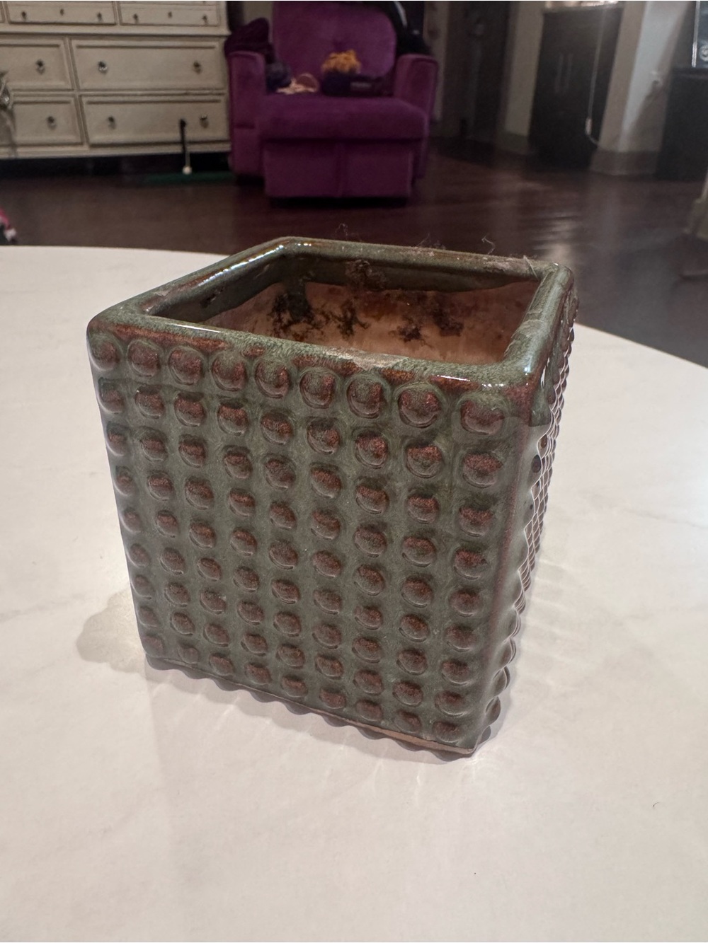 Craft Green & Brown Tan Glazed Ceramic 3” Square Vase with Raised Dot Texture